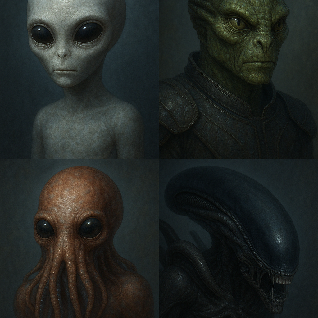 A digital painting featuring four fictional alien species: a Grey alien with large black eyes, a scaly green Reptilian, a squid-like Cephalopod alien, and a black, skeletal Xenomorph with metallic jaws, each in its own panel."