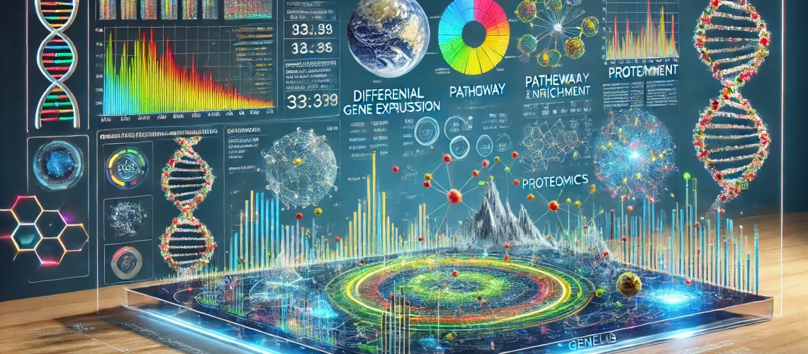 DALL·E 2025-01-05 18.16.35 - A detailed and futuristic graphical representation of GeneLab data analysis results, displayed on a large digital screen. The design includes colorful